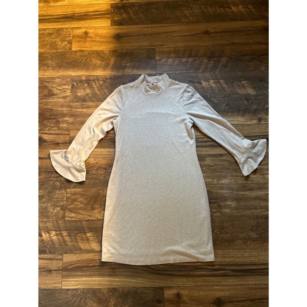 White House Black Market Sparkle Mock Neck Bell Sleeve Dress Metallic Light‎ M
